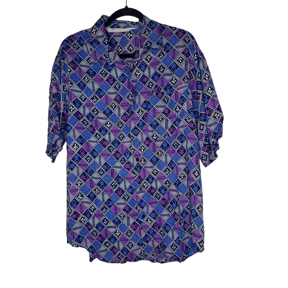 Nik Nik Mens Button Down Short Sleeve Shirt Sz L Geometric Retro